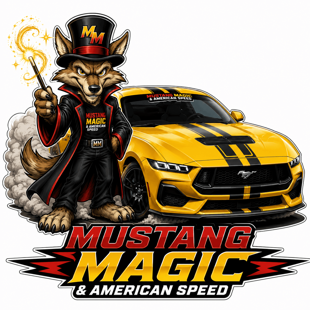 Mustang Magic wolf mascot standing beside a yellow striped Mustang